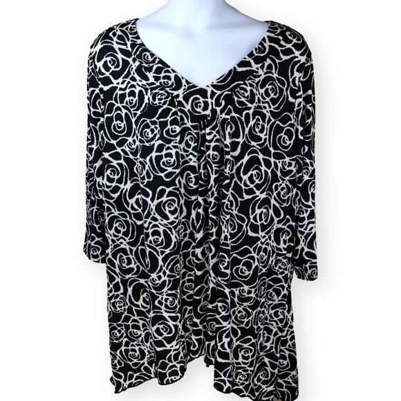 Avenue Floral Tunic Top Black White V Neck Plus Size 30 - Picture 1 of 8